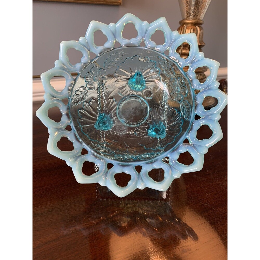 1905 Sky Blue Northwood Shell and Wild Rose Opalescent Footed Flared Bowl